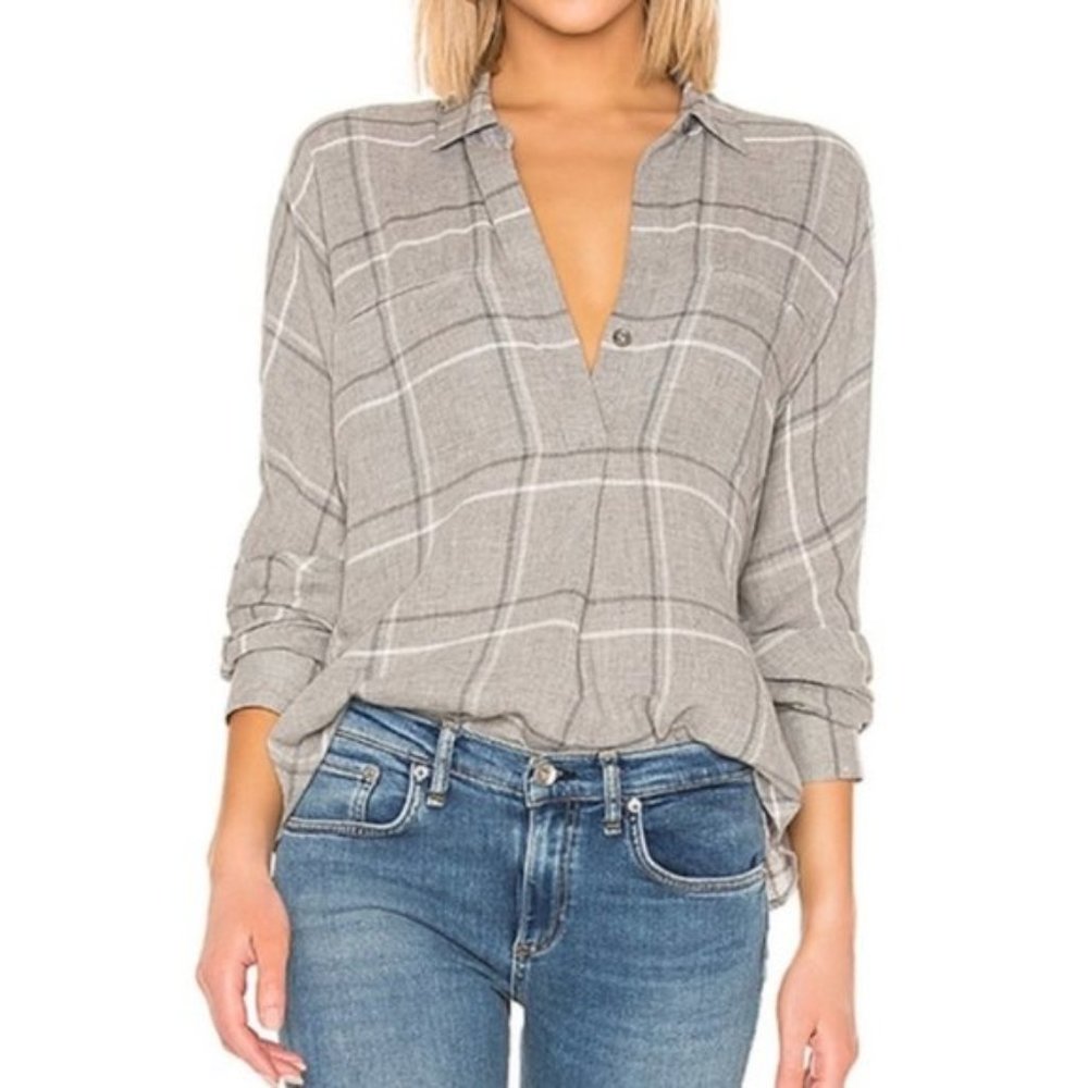 Vince Taupe Gray Plaid V-Neck Tunic Blouse